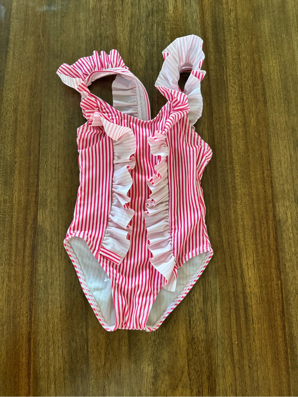 Source Unknown Pink and White Striped Ruffle Kids One-Piece Swimsuit